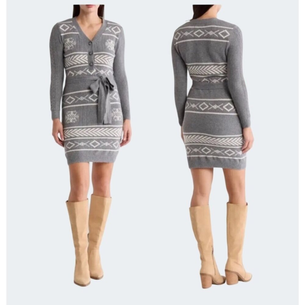 Lucky Brand Gray/White Belted Sweater Dress Nordic Pattern Size 1X - Picture 13 of 13